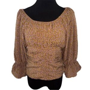Lea & Viola Brown Flower Ruched Ruffled 3/4 Sleeve Blouse